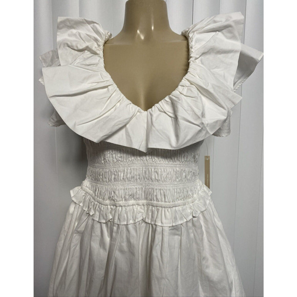 NWT Cleobella Mini Dress White Ruffled Smocked Waist Open Back Cotton V … - Picture 4 of 9